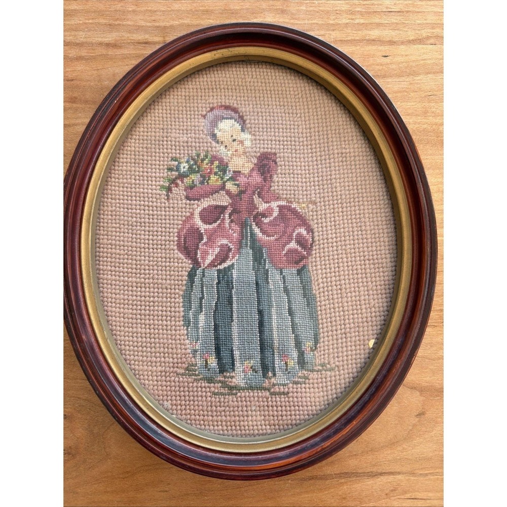Vintage Oval Framed Needlepoint Victorian Woman Floral Portrait Textile Art